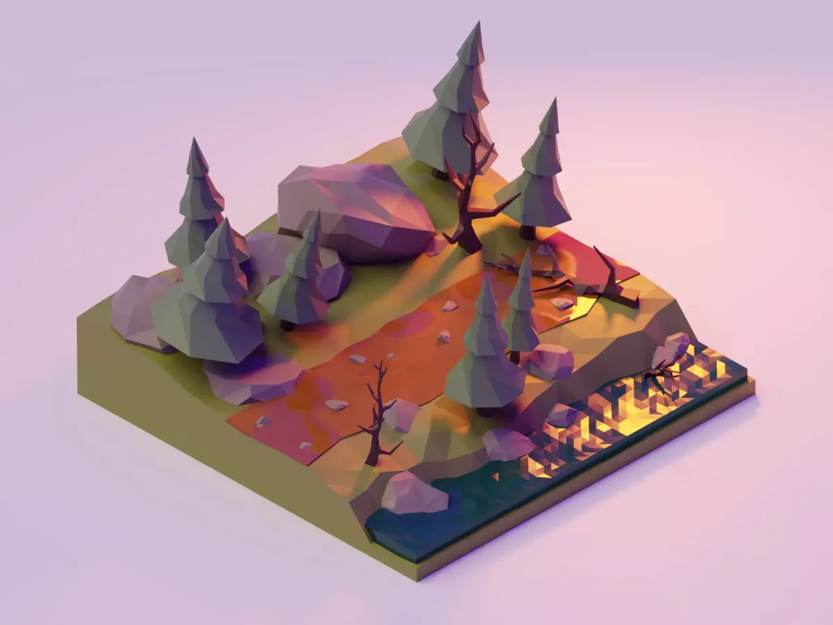 modélisation 3D low poly d'un chemin entouré d'arbre et de rochers au bord de l'eau
